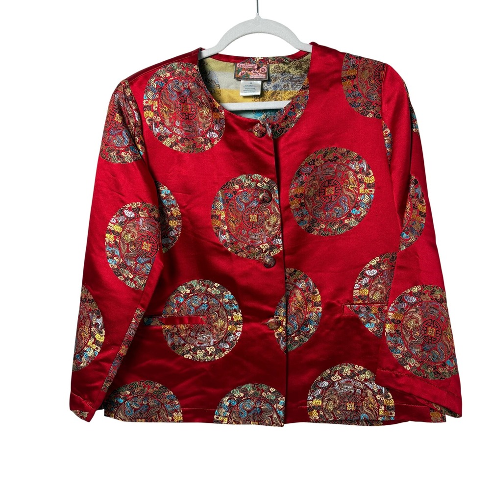 April Cornell Jacket Size M Red Silk Blend Asian Inspired Button Up Brocade